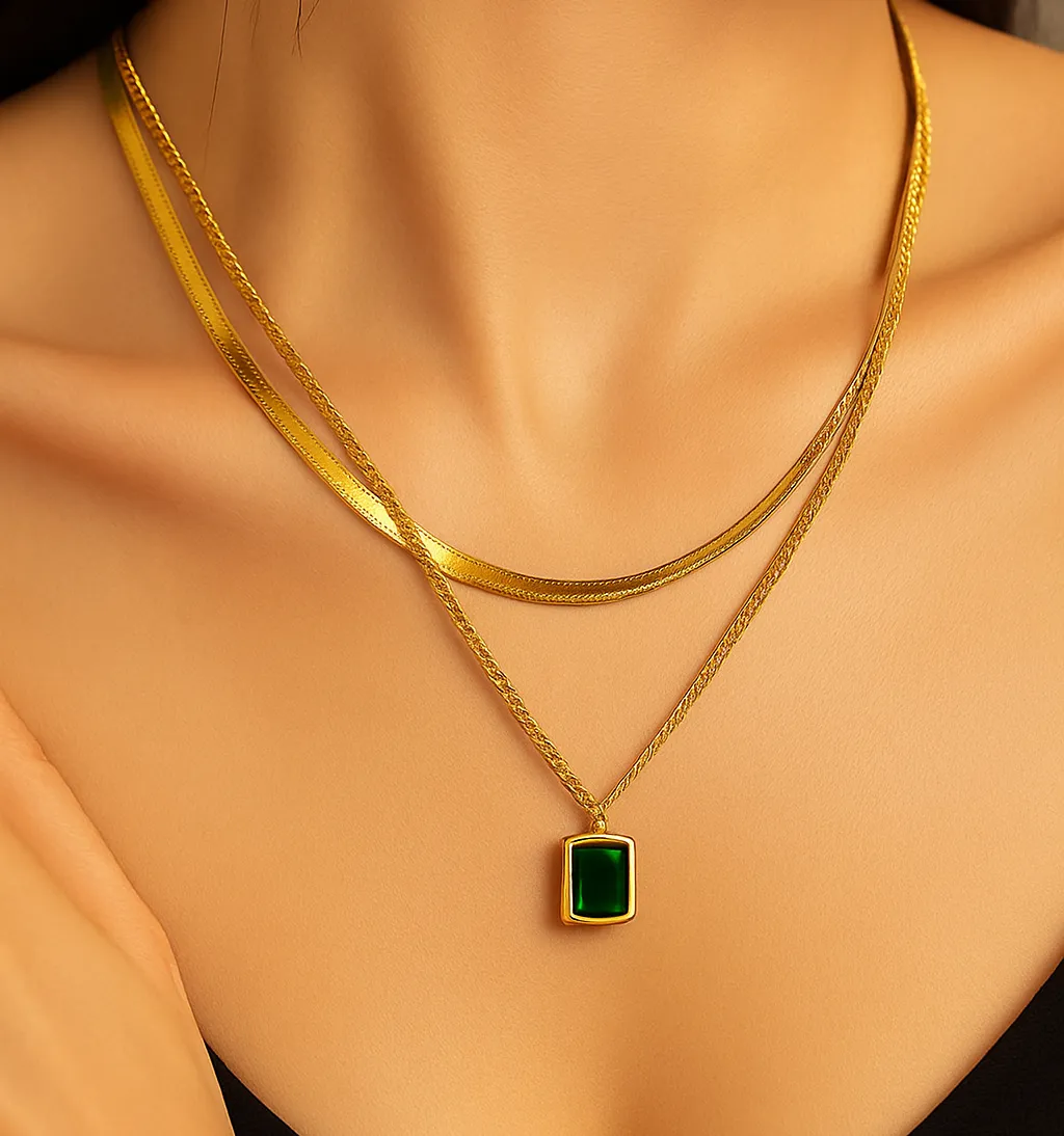 Green locket double chain